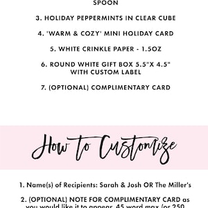 May include: A white background with the text "What's Included" and a list of items, including hot chocolate mix, a mini chocolate-covered wooden spoon, and a gift box. The text "How to Customize" is also present.