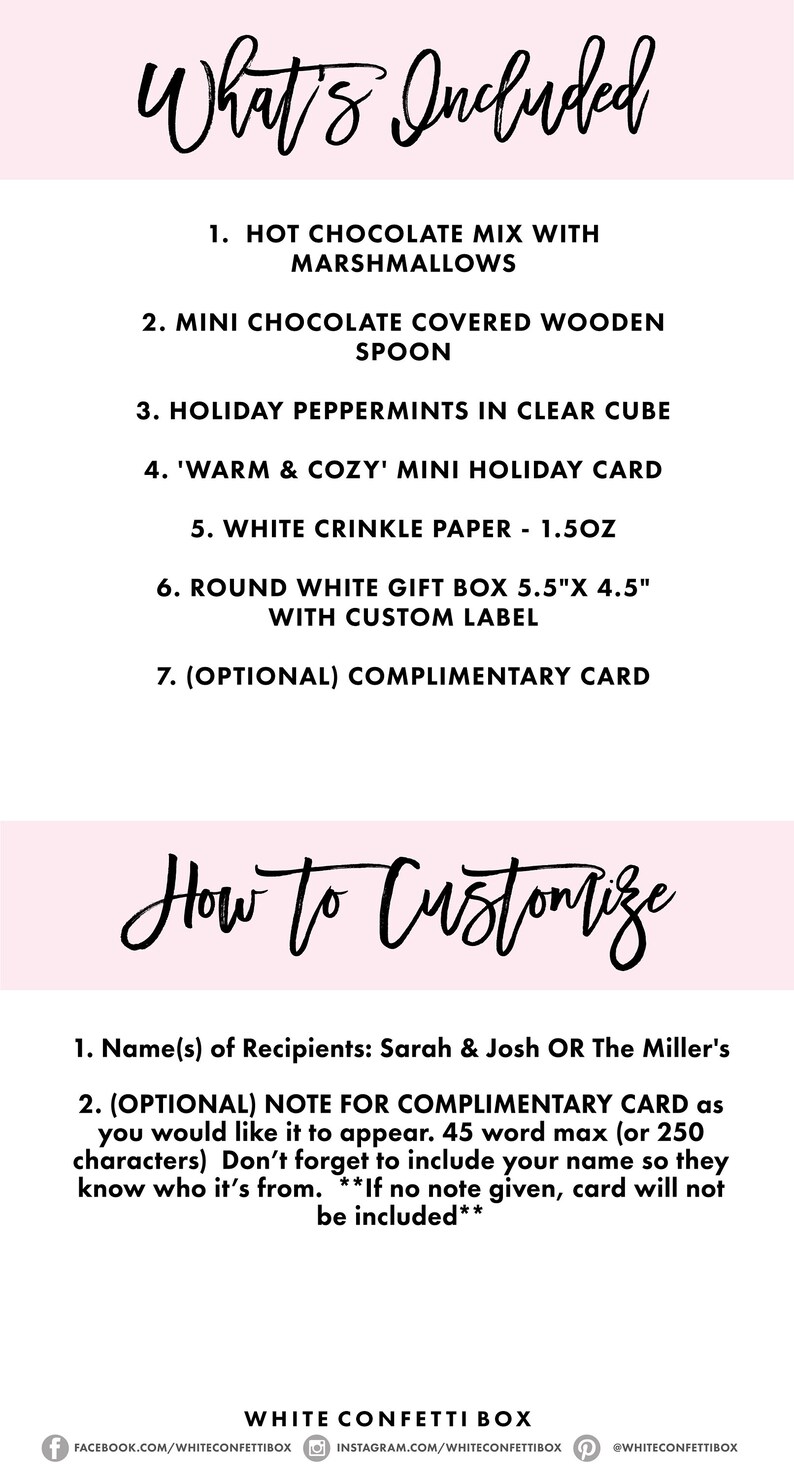 May include: A white background with the text "What's Included" and a list of items, including hot chocolate mix, a mini chocolate-covered wooden spoon, and a gift box. The text "How to Customize" is also present.