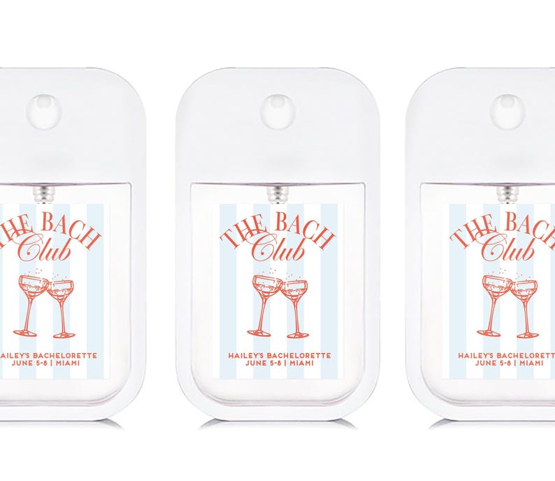 three identical white spray bottles with a label that reads "The BACCH Club" and "Haley's Bachelorette June 5-8, Miami".