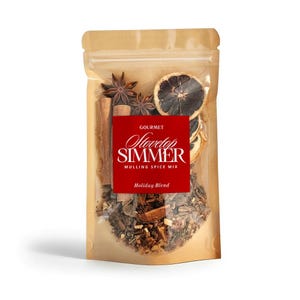 May include: A clear, resealable bag filled with a mulling spice mix. The bag features a red label with the words "Gourmet Stovetop Simmer Mulling Spice Mix Holiday Blend." Visible spices include star anise, cinnamon sticks, and dried citrus.