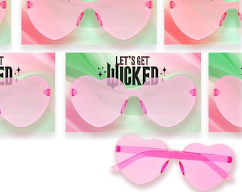 May include: Pink heart-shaped sunglasses with the text "Let's Get Wicked" on a green and pink background.