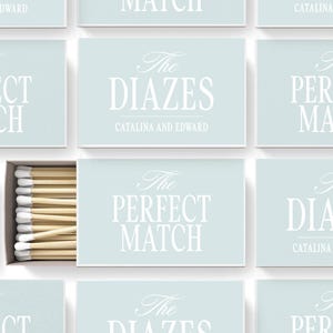 a grid of light blue boxes with white text, each containing a set of matchsticks. The text on the boxes reads "The PERFECT MATCH" and "The DIAZES" in a repeating pattern.