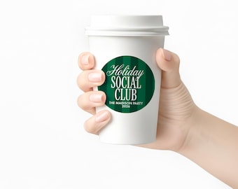 Christmas Social Club Cups - Holiday Coffee Favors - Hot Toddy White Paper Cups with White Lids - Holiday Stickers - 2.5" Round Labels
