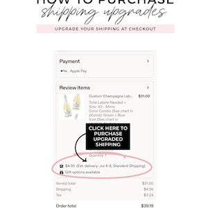 a shopping cart with a product called "Custom Champagne Lab..." priced at $31.00. The cart also contains a total of four bottles of wine, with one bottle being a "Color Champagne Box Chart" and the other three being "White" bottles. The cart is being purchased at a checkout, and the total cost is $39.19.