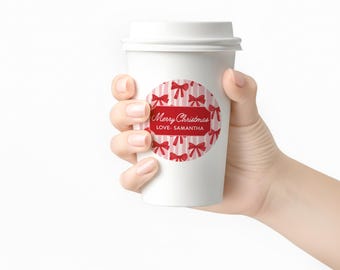 Christmas Coffee Cups - Holiday Coffee Favors - Hot Toddy White Paper Cups with White Lids - Stickers - 2.5" Round Labels