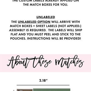 The image is a comparison between labeled and unlabeled matchboxes, with a focus on the size and custom label options.