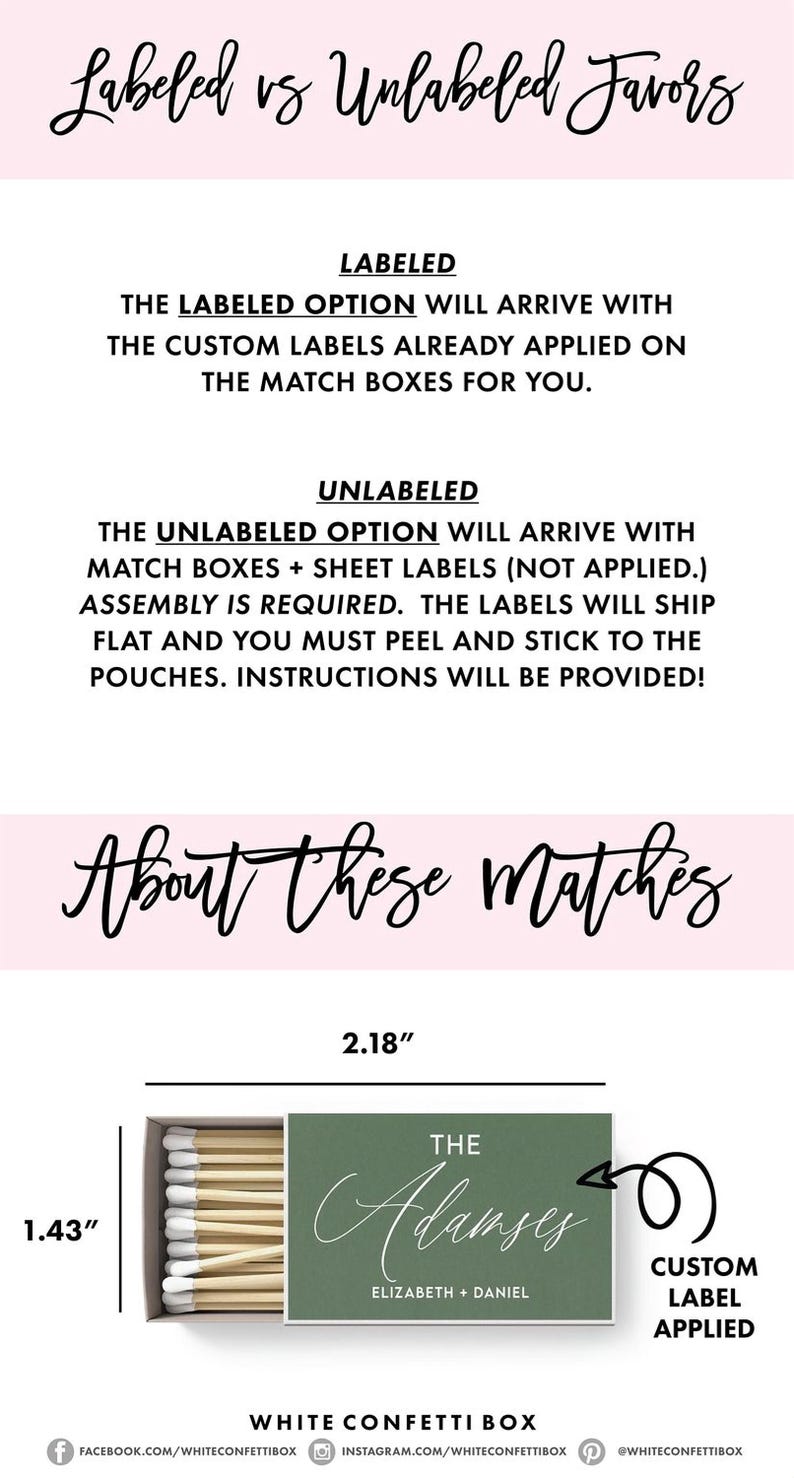 The image is a comparison between labeled and unlabeled matchboxes, with a focus on the size and custom label options.