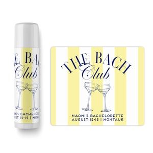 a tube of balm and a sticker with a design related to a bachelorette party.