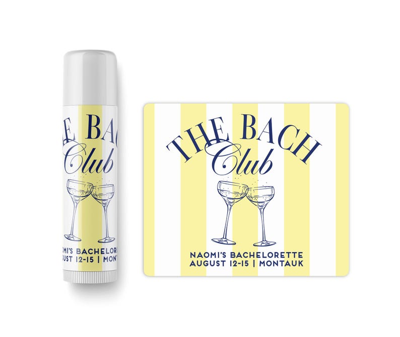 a tube of balm and a sticker with a design related to a bachelorette party.