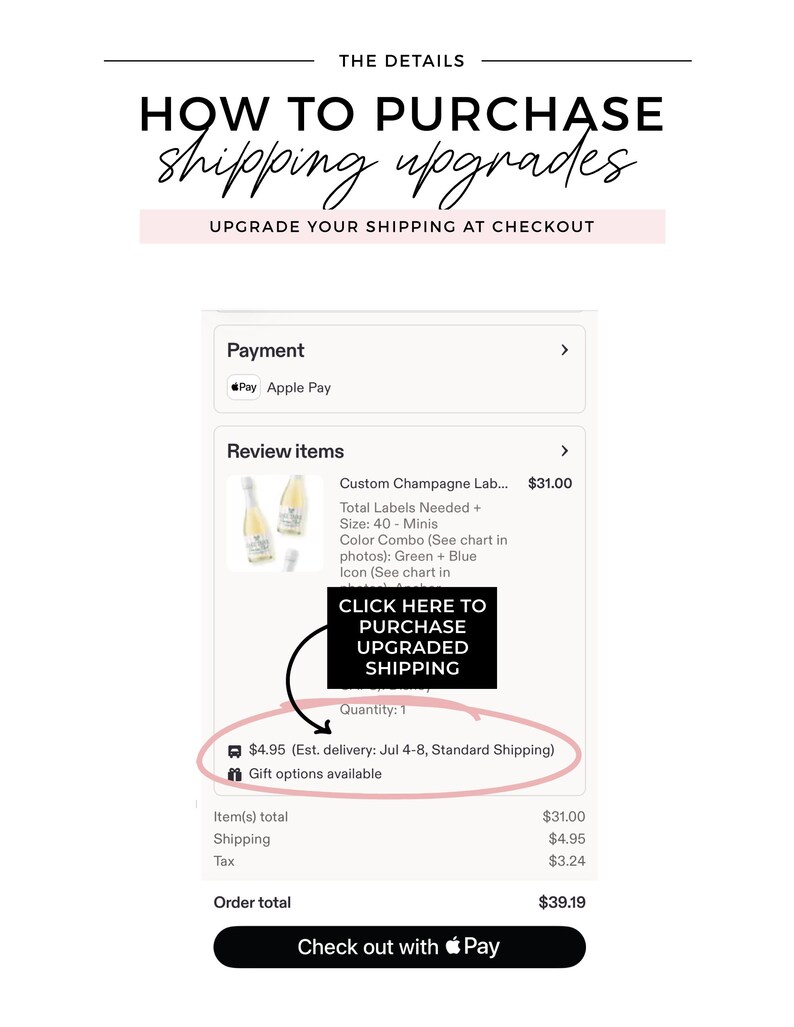 a shopping cart with a product called "Custom Champagne Lab..." priced at $31.00. The cart also contains a total of four bottles of wine, with one bottle being a "Color Champagne Box Chart" and the other three being "White" bottles. The cart is being purchased at a checkout, and the total cost is $39.19.