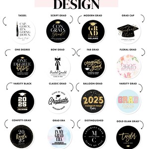 May include: A graphic featuring graduation-themed designs. The designs are circular and include text such as "Congrats Grad," "Class of 2025," and names. The color scheme is primarily black, white, and gold, with some designs incorporating floral elements.