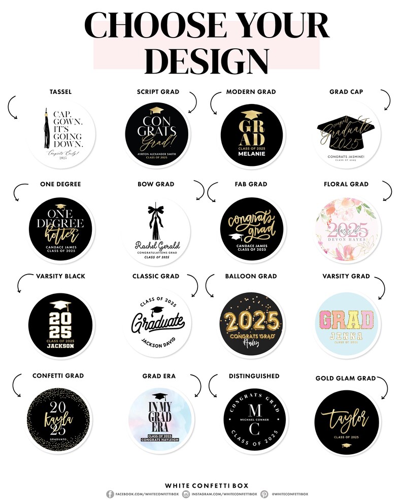 May include: A graphic featuring graduation-themed designs. The designs are circular and include text such as "Congrats Grad," "Class of 2025," and names. The color scheme is primarily black, white, and gold, with some designs incorporating floral elements.