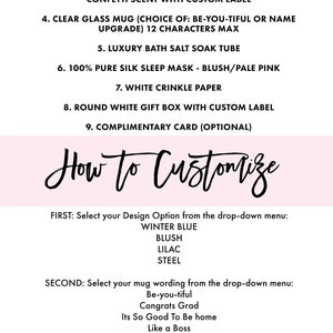 Puede incluir: Un gr&aacute;fico rosa y blanco con el texto "What's Included" y "How to Customize" en negro. El gr&aacute;fico enumera los art&iacute;culos incluidos en una caja de regalo, incluyendo un spray t&oacute;nico facial de sal marina, cerillas en caja miniatura, una vela de lata dorada, una taza de vidrio transparente, sales de ba&ntilde;o, una m&aacute;scara de dormir de seda, papel blanco arrugado, una caja de regalo redonda blanca y una tarjeta de cortes&iacute;a. El gr&aacute;fico tambi&eacute;n enumera las opciones de personalizaci&oacute;n para la caja de regalo, incluyendo opciones de dise&ntilde;o y la frase de la taza.