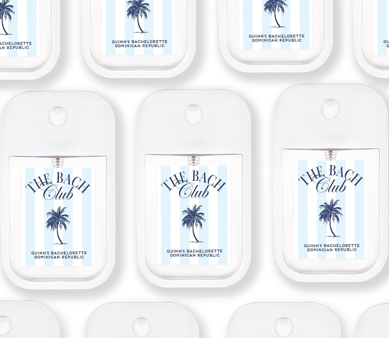multiple identical white spray bottles with labels that say "The Bach Club Dominican Republic" and "Quin's Bachelorette Dominican Republic".
