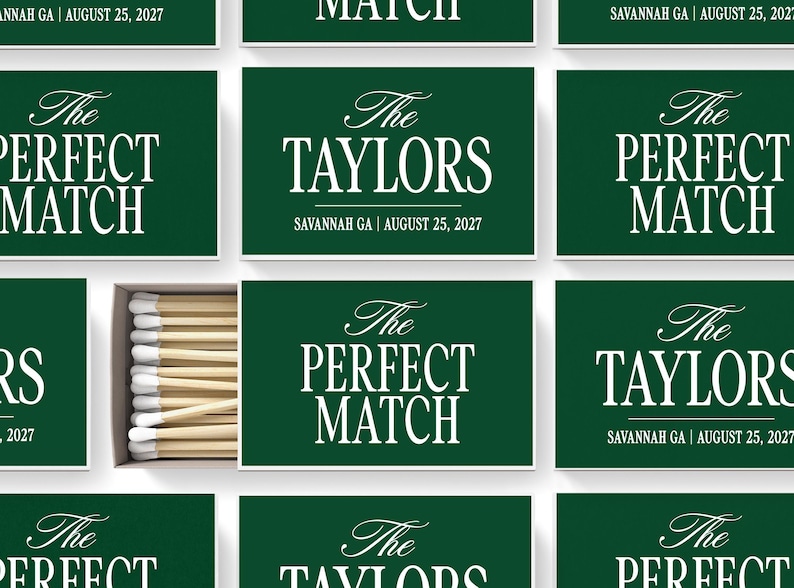 a collection of green matchbox designs with white text, each featuring the name "The Taylor" and the date "SAVANNAH GA | AUGUST 25, 2007".