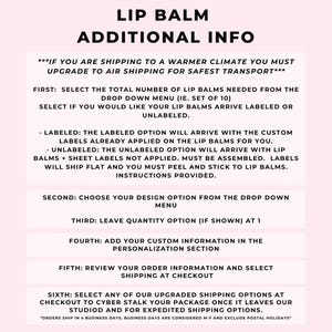 a list of instructions for shipping lip balms, including information about upgrading to air shipping for safer transport, choosing design options, adding custom information, reviewing order information, and selecting shipping options.