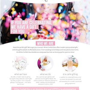 Pu&ograve; includere: Pubblicit&agrave; di White Confetti Box con una donna e coriandoli colorati. Il testo recita: &laquo;Se stai festeggiando, abbiamo un regalo per te&raquo;. L'annuncio promuove regali personalizzati per varie occasioni.