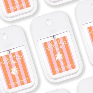 multiple identical white spray bottles with orange and pink striped labels, each featuring the text "THE BACH CLUB" and "HAILES BACHELETTE JUNE 5-8 MIAMI".