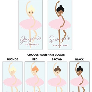 May include: A guide on how to customise a ballerina birthday card. The image shows different skin tones, hair colours, and names for the ballerina. The text reads "How to Customize", "Choose your skin tone: Light, Dark", "Choose your hair colour: Blonde, Red, Brown, Black", and "*The longer the name the smaller the font will be*"