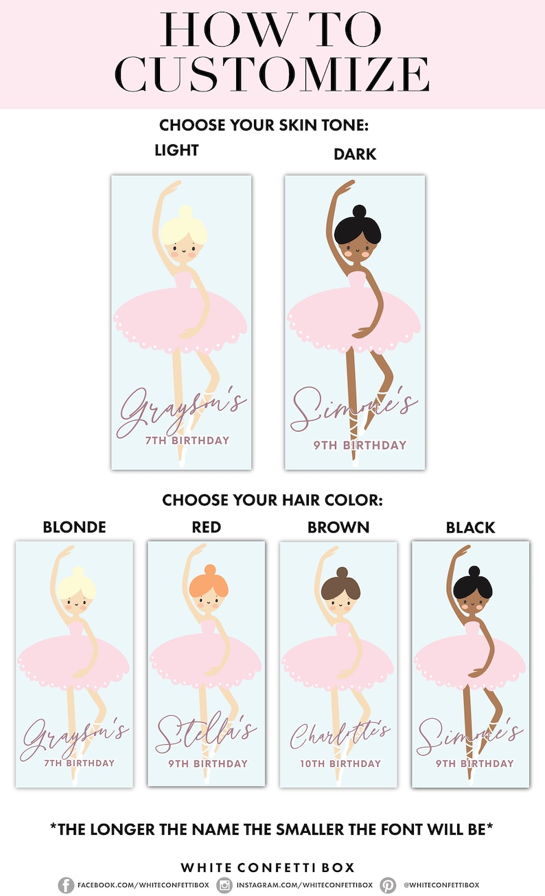 May include: A guide on how to customise a ballerina birthday card. The image shows different skin tones, hair colours, and names for the ballerina. The text reads "How to Customize", "Choose your skin tone: Light, Dark", "Choose your hair colour: Blonde, Red, Brown, Black", and "*The longer the name the smaller the font will be*"