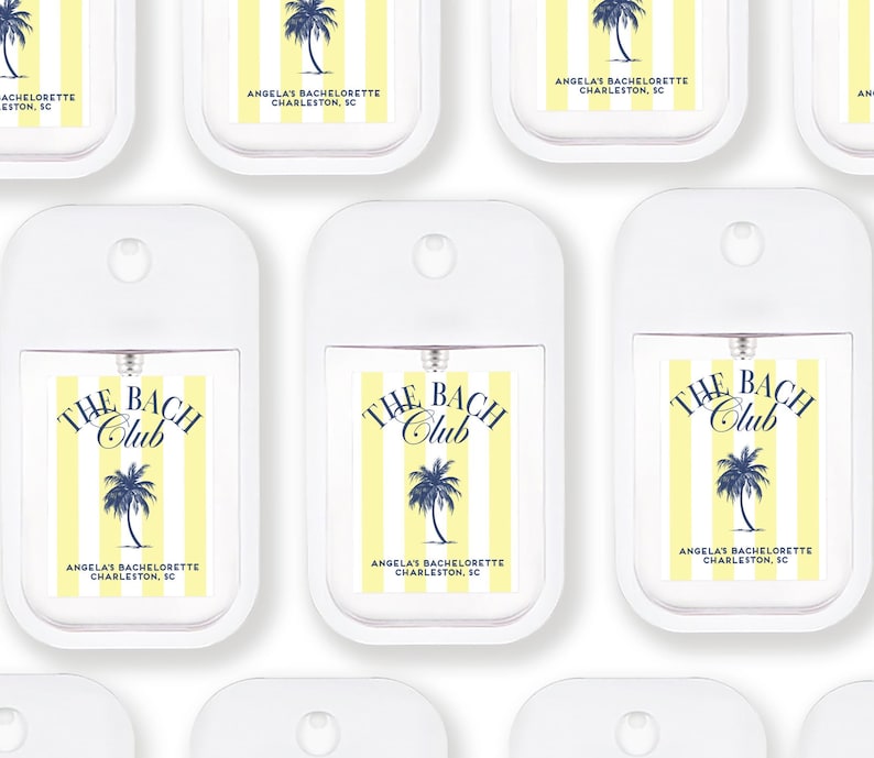 multiple identical white spray bottles with yellow and blue stripes, each featuring the text "The BACH Club" and "Angela's Bachelorette Charleston, SC".