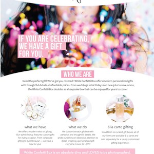May include: White Confetti Box offers personalized gift boxes for various occasions, including weddings, birthdays, and new jobs. The boxes are designed with thoughtful details and can be used as keepsakes. The image shows a woman blowing confetti, with text that reads "If you are celebrating, we have a gift for you." and "White Confetti Box is an absolute diva and LOVES to be photographed. TAG US in your photos and videos!"