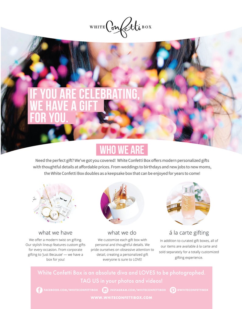 May include: White Confetti Box offers personalized gift boxes for various occasions, including weddings, birthdays, and new jobs. The boxes are designed with thoughtful details and can be used as keepsakes. The image shows a woman blowing confetti, with text that reads "If you are celebrating, we have a gift for you." and "White Confetti Box is an absolute diva and LOVES to be photographed. TAG US in your photos and videos!"
