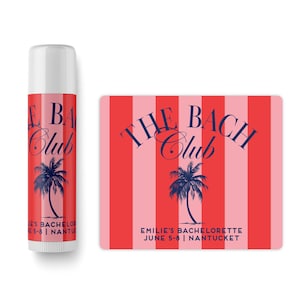 a red and white striped label for "The Bach Club" event, with a palm tree and a date.