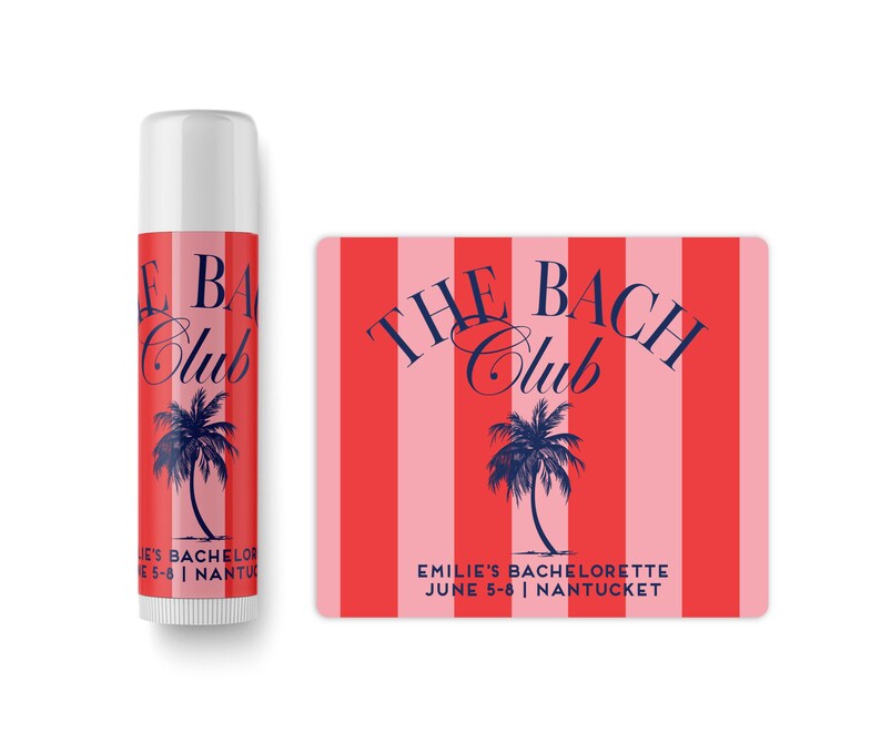 a red and white striped label for "The Bach Club" event, with a palm tree and a date.