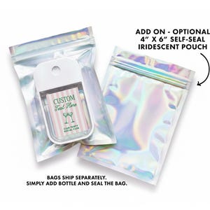 a clear plastic bag with a label that reads "CUSTOM Feel Here" and "CLUB FORT social club". The bag is described as having an "optional 4" x "6" self-seal iridescent pouch" and is instructed to ship separately, with the user adding a bottle and sealing the bag.