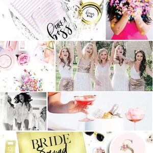May include: A collage of images featuring a bridal shower theme. The images include a gold tote bag with the text "Bride Squad", a glass with the text "Like a Boss", a pink and white notepad with the text "Slay All Day", a pink and white plate with the text "Baby Sophia", a glass of pink champagne, and a group of women throwing confetti.