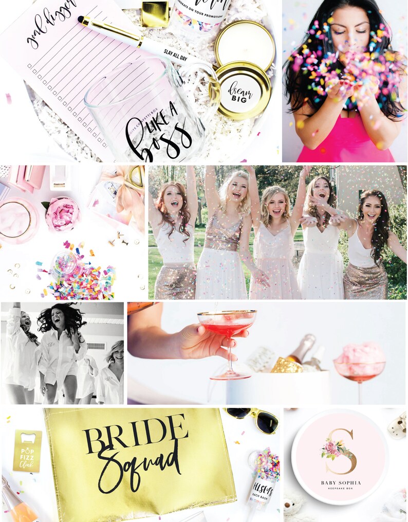 May include: A collage of images featuring a bridal shower theme. The images include a gold tote bag with the text "Bride Squad", a glass with the text "Like a Boss", a pink and white notepad with the text "Slay All Day", a pink and white plate with the text "Baby Sophia", a glass of pink champagne, and a group of women throwing confetti.