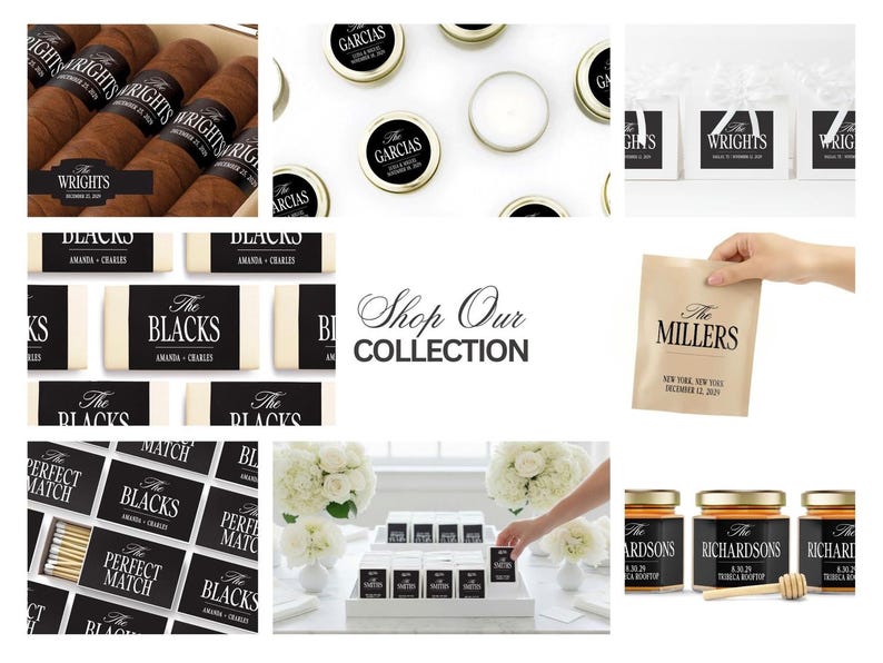 The image is a collage of various items related to the brand "The Garcias", including candles, chocolate, and honey jars. The collage also features a hand holding a bag labeled "The Millers" and a close-up of a person interacting with the items.