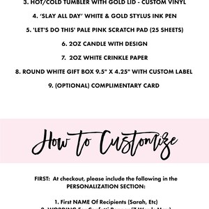 May include: A white confetti box gift set with a list of items included: gourmet chocolate chip cookies, confetti push-pop, hot/cold tumbler, stylus ink pen, scratch pad, candle, crinkle paper, gift box, and a complimentary card. The text "What's Included" and "How to Customize" is also visible.