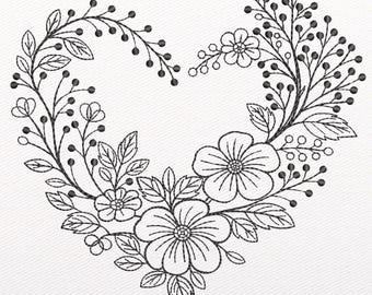Floral Heart Embroidery Design: Wildlife Sketch Pattern, 3 Sizes (Instant Download!)