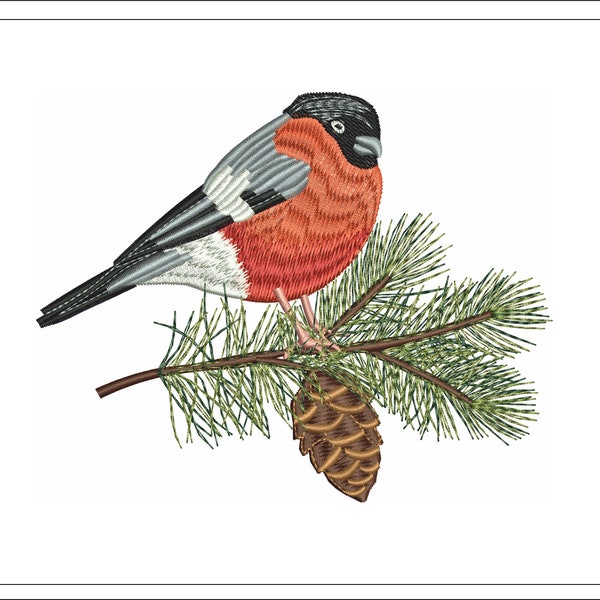 Bullfinch embroidery design, pine embroidery, pine cone embroidery, forest machine embroidery file, Instant Download,