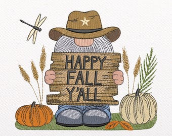 Autumn Gnome Embroidery Design: Happy Fall Y'all (Instant Download, PDF Worksheet Included