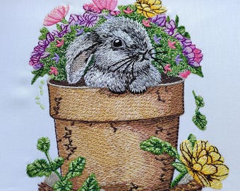 Bunny Embroidery Design: Flowers in a Pot Pattern (Digital Download