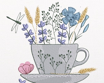 Floral Tea Cup Embroidery Design: Herbs & Wildflowers (Instant Download)