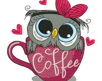 Coffee Embroidery Design - Cute Owl Embroidery Pattern - Coffee Owl Embroidery Design - Machine Embroidery Design - Instant Download