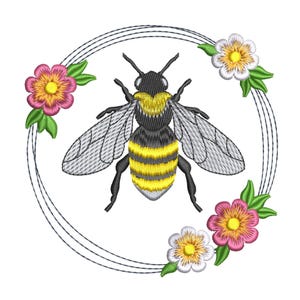 Motif de broderie abeille et couronne de fleurs (téléchargement numérique)