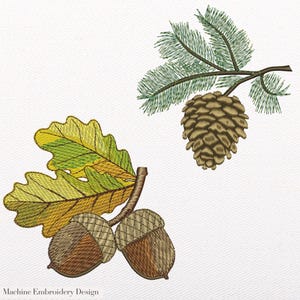 Puede incluir: Diseño bordado con una rama de roble con dos bellotas y una rama de pino con una piña. Las hojas de roble son amarillas y verdes, las bellotas son marrones y la piña es marrón. El texto "Machine Embroidery Design" está en la parte inferior.