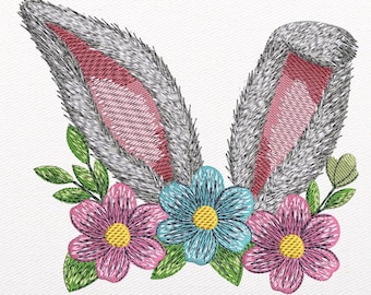 Bunny Ears Embroidery Design: Spring Flowers Pattern (Instant Download)
