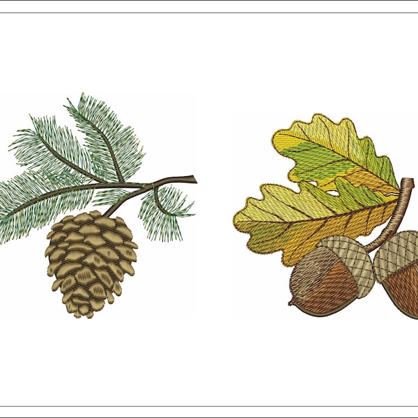 Pine cone embroidery, acorns embroidery design, 3 sizes, forest embroidery, machine embroidery file, Instant Download,