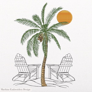 Diseño de bordado de palmeras en la playa: Patrón de vacaciones al atardecer (Descarga instantánea)