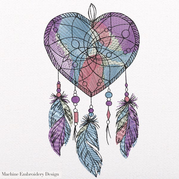 Heart Dream Catcher Embroidery Design: Colorful Feathers (Instant Download)