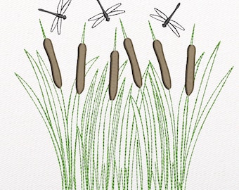 Cattail & Wildflower Machine Embroidery Design, 3 Sizes (Instant Download)