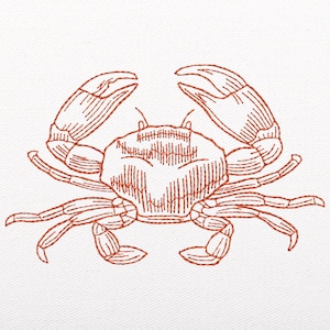 May include: An embroidered crab design in shades of brown on a white background. The crab is depicted with detailed lines, showcasing its claws, legs, and body. The artwork has a nautical or coastal theme.