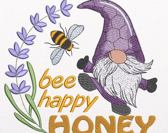 Bee Happy Gnome Embroidery Design: Honeycomb Pattern (Instant Download)