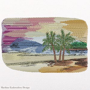 Beach Sunset Embroidery Design: Palm Tree Holiday Pattern (Instant Download)